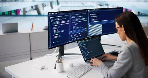 Young Woman Developer Writing Code On Laptop In Contemporary Office Setting 库存照片