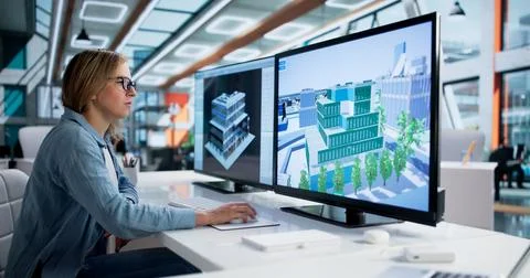 Young Woman Developing 3D Design Concept For Computer Development Project. Stock Photos