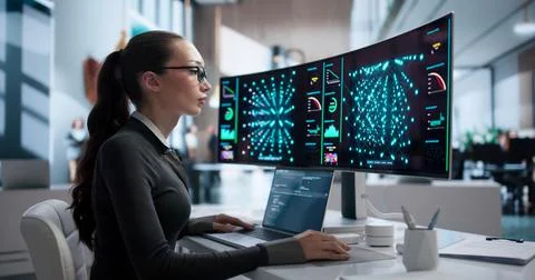 Young Woman Develops Machine Learning Models On Her Laptop At Office. Stock Photos