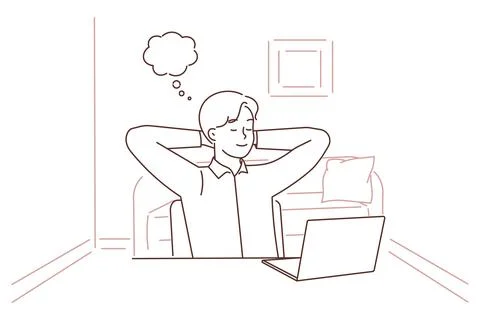 Young woman distracted from computer work dreaming Illustrazione stock