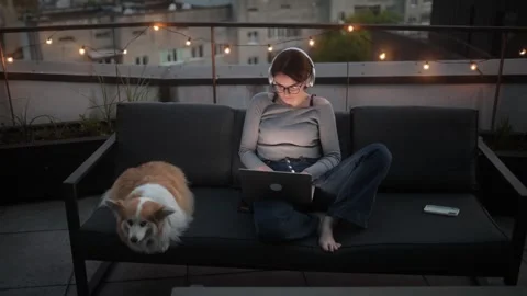 Young woman with dog working on laptop on rooftop terrace at night under string Stock Footage 277107953