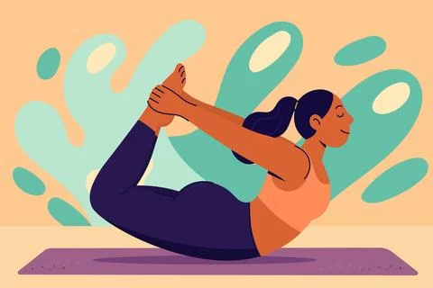 Young woman doing bow pose on yoga mat, stretching back and holding ankles Stock Illustration