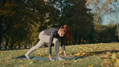 Young woman doing revolved side angle pose in autumn city park on a yoga mat Stock Footage 167702329
