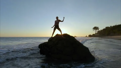 A young woman doing side angle yoga pose on a rock on the beach at sunset Stock Footage 167776184