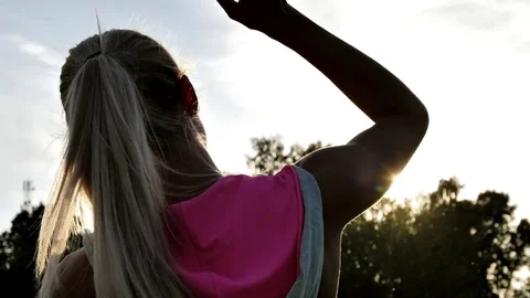 Young woman doing workout for stretching body. Stock Footage