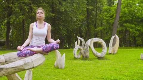 Young woman doing yoga exercises in the park Stock Footage