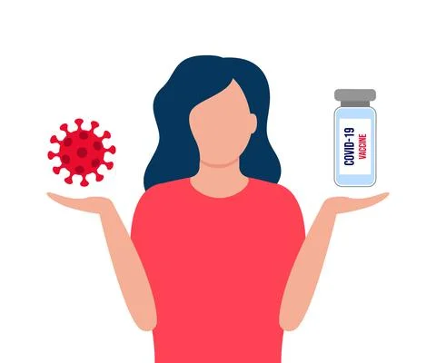 Young woman doubt, solve question, do choice vaccination. Comparison, ratio b Illustrazione stock