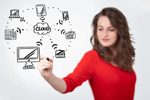 Young woman drawing a cloud computing on whiteboard 写真素材