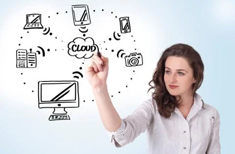Young woman drawing a cloud computing on whiteboard Stock Photos
