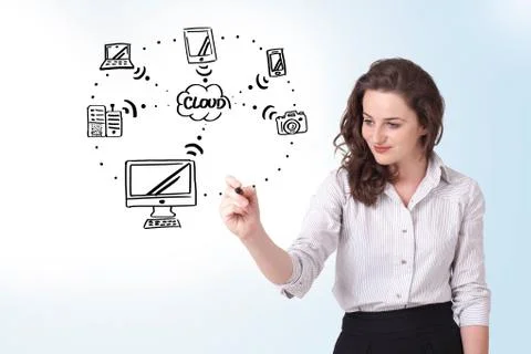 Young woman drawing a cloud computing on whiteboard 写真素材