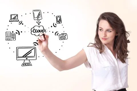 Young woman drawing a cloud computing on whiteboard 写真素材
