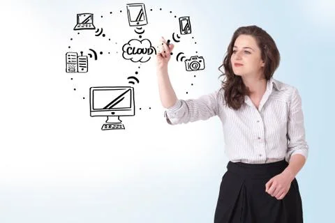 Young woman drawing a cloud computing on whiteboard Stock Photos