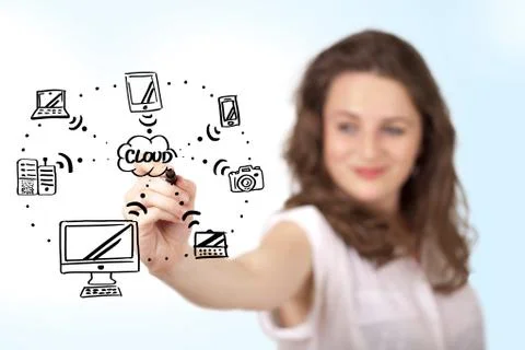 Young woman drawing a cloud computing on whiteboard 写真素材