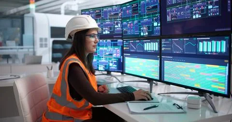 Young Woman Engineer Uses Computer To Monitor Factorys Automated System Smoot Stock Photos