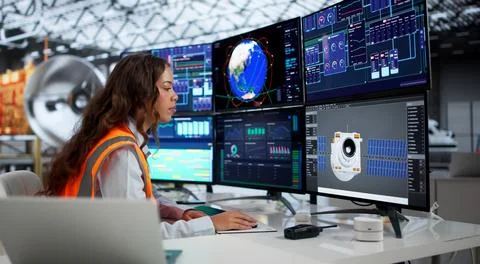 Young Woman Engineer Using Computer To Design 3D Solar Satellite Panels. Fotos Stock