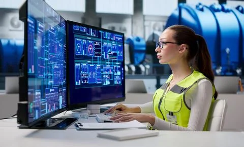 Young Woman Engineer Using Computer To Monitor Energy Systems Operation. Stock Photos