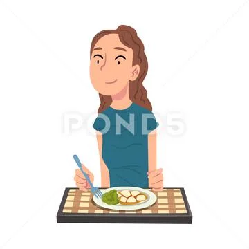 Young Woman Enjoying Eating of Healthy Food, Cheerful Girl Sitting at Table with Stock Illustration