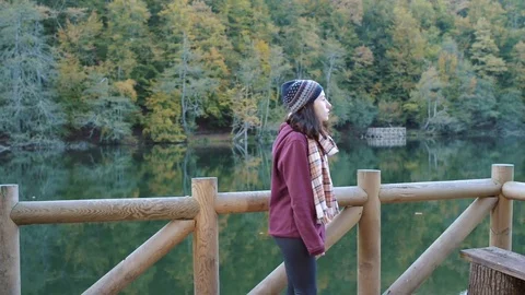 Young woman explorer getting cold. Outdoor nature Stock Footage 80932438