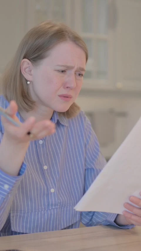 Young Woman Feeling Upset while Reading Contract, vertical video Vidéo 328564374