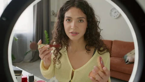 Young Woman Filming Makeup Tutorial with Ring Light at Home Vídeos de archivo 309736840