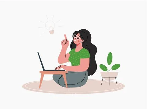 Young woman finding solution.Working,studying from home.Vector illustration Stock Illustration
