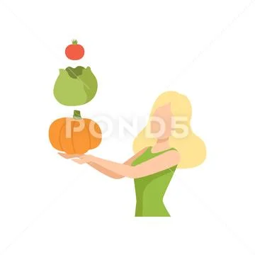 Young woman with fresh vegetables, healthy eating, diet, organic vegan food Stock Illustration