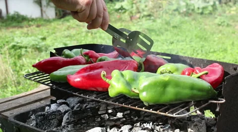 Young woman hand preparing roasted vegetables peppers on barbecue grill Vídeo Stock 55578662