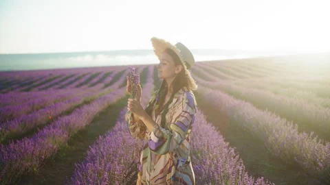 Young woman in hat sniffs fragrant bouquet of lavender. Summer, Provence Stock Footage 144629164