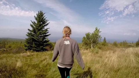 Young woman hiking in the fields of Upper Peninsula Video stock 81763503