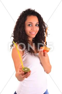 Young woman holding orange and kiwi. isolated over white Stock Photos