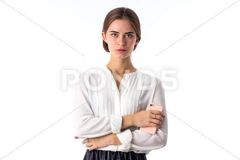 Young woman holding phone Stock Photos