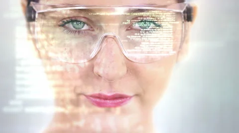 Young woman with holographic glasses. Futuristic. Augmented reality. Stock Footage