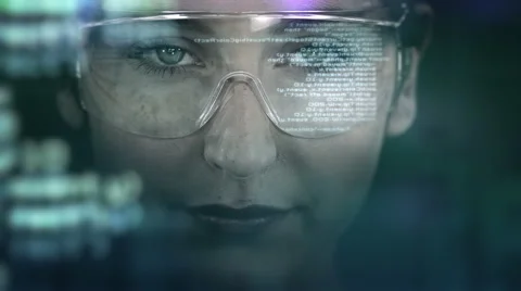 Young woman with holographic glasses. Futuristic. Augmented reality. Dark. Stock Footage