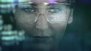 Young Woman With Holographic Glasses. Futuristic. Augmented Reality. Dark. Stock Footage