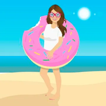 Young woman with inflatable donut float posing on tropical beach Stock Illustration