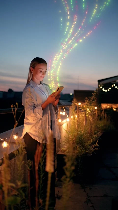 A Young Woman Joyfully Using Her Phone on a Rooftop Surrounded by String Lights Stock Footage 281267078