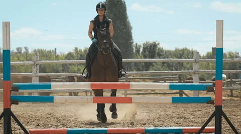 Young woman jumps horse over an obstacle during her training in an arena Stock Footage