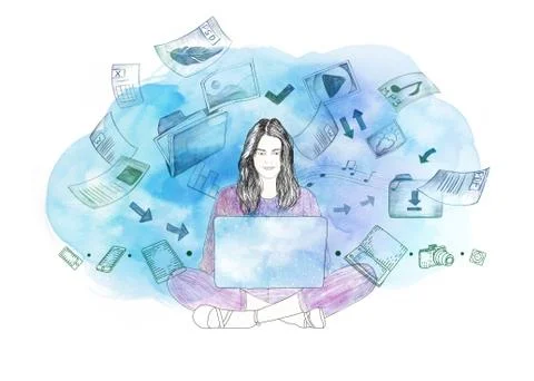 Young woman with laptop sharing and saving files on cloud Stock Illustration