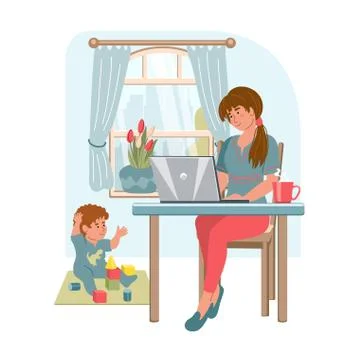Young woman with laptop working from home. Working mom with kid in modern int Stock Illustration