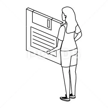 Young woman lifting floppy disk data storage Stock Illustration