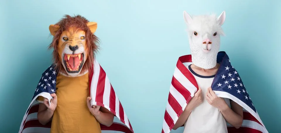 Young woman in lion and alpaca mask hold USA US United States flag Stock Photos
