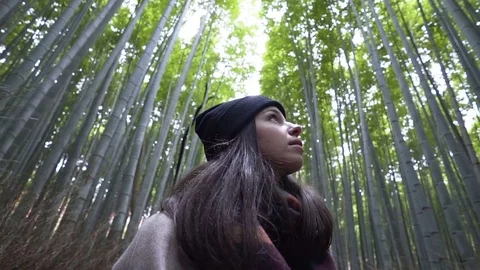 Young woman looking up at the bamboo trees in the forest Stock Footage