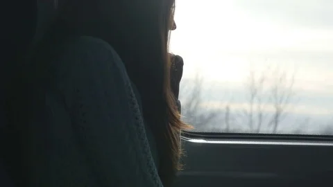 Young woman looking on window during riding on train. Profile of attractive girl Stock Footage