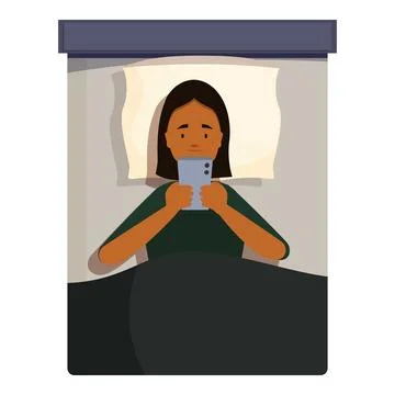 Young woman lying in bed using smartphone at night Stock Illustration