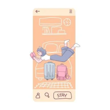 Young woman lying on bed using phone with luggage in room Stock Illustration