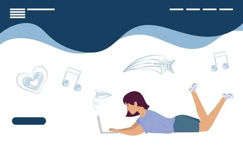 Young woman lying down using laptop and drawings 스톡 일러스트