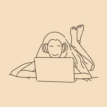 Young woman lying down while using a laptop. Line art drawing. Sketch outli.. Stock Illustration