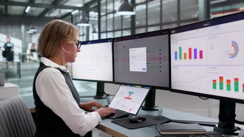 Young Woman Manager Using Laptop, Tracking Team Progress Stock Footage 340999610
