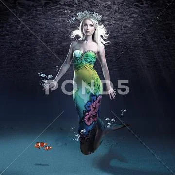 Young woman as mermaid under water Stock Illustration