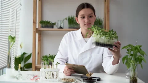 Young woman microbiologist is using digital tablet computer. Medical scientist Stock Footage 196268377